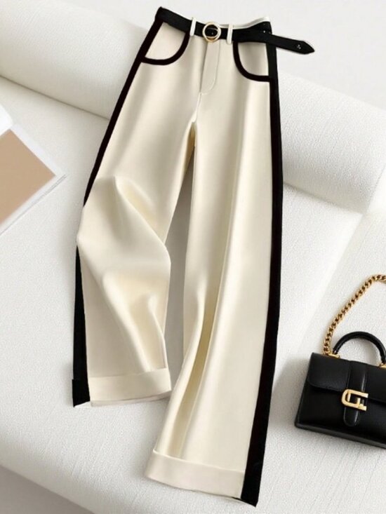 MODA ME COUTURE Pants - Beige Casual Women's Elegant Wide Leg Pants with Color Blocking